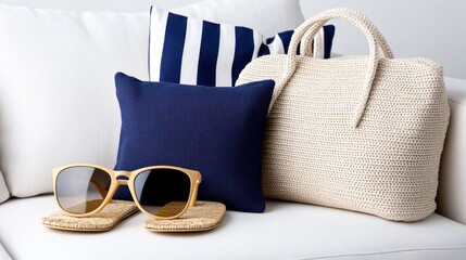 Naklejka premium A stylish summer ensemble featuring sunglasses, woven slippers, and a chic beach bag on a striped cushion, exuding beach-ready vibes.