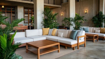 Obraz premium Modern lounge area with green plants contemporary interior design urban setting relaxing ambiance