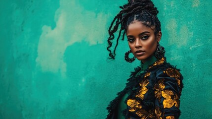 A model with a serene expression wears a gold-embellished jacket, standing against a vivid green wall, capturing a mix of bold fashion and subtle elegance.