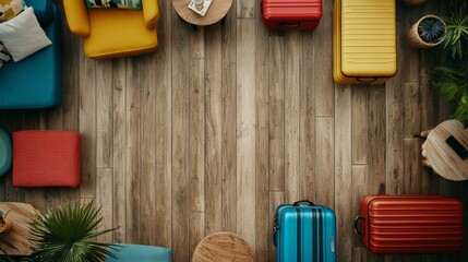 Travel preparation scene modern living room interior photography cozy environment top-down view luggage arrangement for vacation planning
