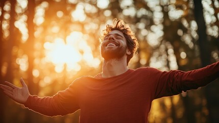 A man with open arms and a joyful expression stands in a sunlit forest, basking in the warm glow of the sunset, embodying freedom and happiness.