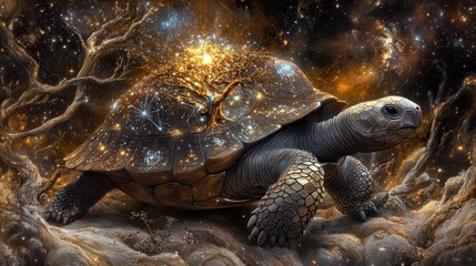Obraz premium Cosmic Tortoise with World-Tree Constellations: A High-Resolution Digital Background for Ancient Wisdom and Spiritual Themes. Flowing Time Rivers and Intricate Shell Patterns.