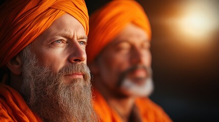 A stately bearded man in an orange turban gazing into the sunset with another blurred figure in the background, evoking thoughts of introspection and peace.