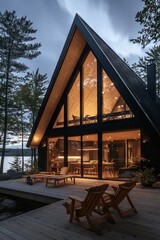 A-Frame House by Lake Canoe at Night with Terrace, AI generated illustration