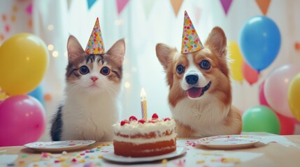 Fototapeta premium A Cat and a Dog Celebrate a Birthday with a Cake