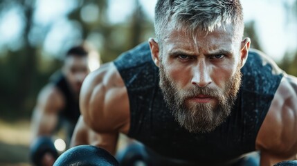 A bearded, muscular man performs push-ups outdoors, wearing a black tank top. His intense gaze showcases his dedication to fitness and physical prowess.