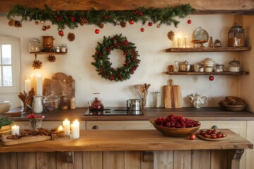 rustic kitchen on the Christmas holiday with candles and warm light, representing cozy interior and Christmas decorations on the wooden table