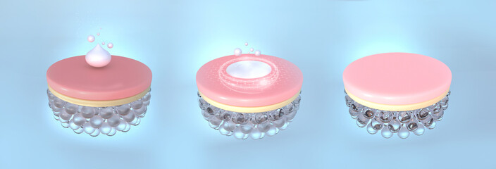 Ready to use 3d Rendering, advertising. Cosmetic serum Oil drop on Saggy skin cell, Skin Repair, moisturizer, collagen serum