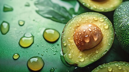 Fresh Avocados on Vibrant Green Background with Water Droplets, AI generated illustration