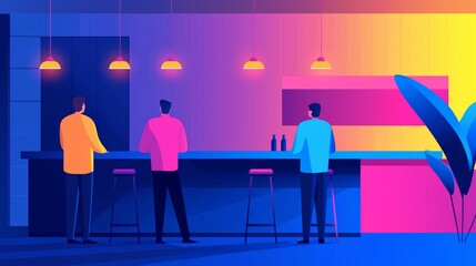 Gathering of friends at a colorful bar urban setting digital illustration evening ambiance side view social connection