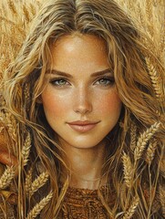 Demeter depicted olive skin and gentle smile clad earth toned robes surrounded vibrant fruits and grains white background and diffused daylight.