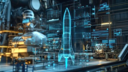 Digital twin of an industrial air with digital overlay showing data and collaboration icons, highlighting the integration between blue rocket on one side