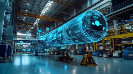 Digital twin of an industrial air with digital overlay showing data and collaboration icons, highlighting the integration between blue rocket on one side