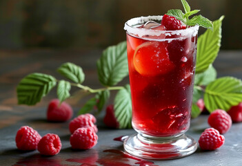 Refreshing raspberry drink garnished with mint leaves on a rustic table setting