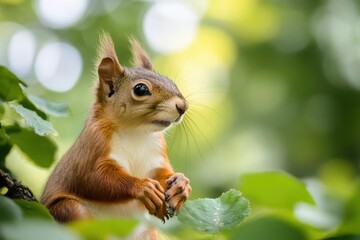 Obraz premium Squirrel perched on a branch amidst green foliage during a sunny day in a forest setting