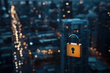 The city skyline glimmers in the twilight as a golden padlock floats above it, representing the need for safety and security in urban life. Bright lights twinkle below