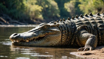 Obraz premium A Large Crocodile Sunbathing by the Riverbank During a Warm Afternoon in the Wild