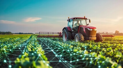 A red tractor drives through a field of crops at sunset, with a digital network overlay.