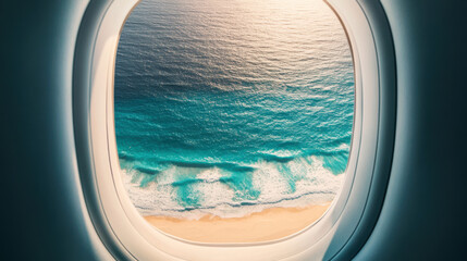 Fototapeta premium Aerial view of ocean waves and sandy beach from airplane window