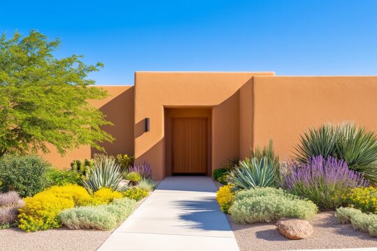 Southwestern architectural style home with adobe walls and vibrant desert landscaping in soft natural light