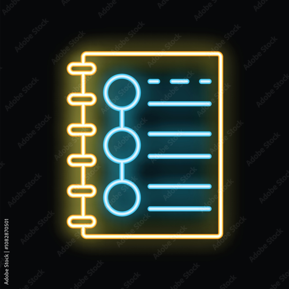 Poster glowing neon notebook with checklist and empty lines for notes taking on black background