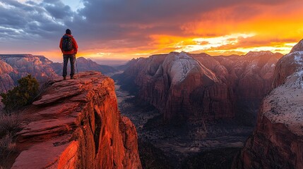 Naklejka premium Hiker Witnessing a Stunning Sunset Over a Mountain Range
