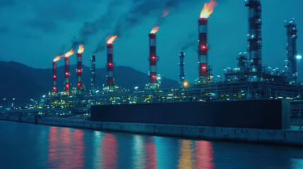 Obraz premium A nighttime industrial scene depicting a power plant with towering smokestacks, emitting smoke and illuminated by bright lights, reflecting on the water.
