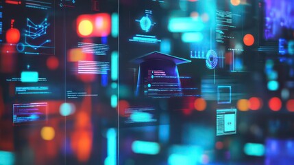 A futuristic digital interface with a graduation cap icon, representing the future of education, technology, and innovation.