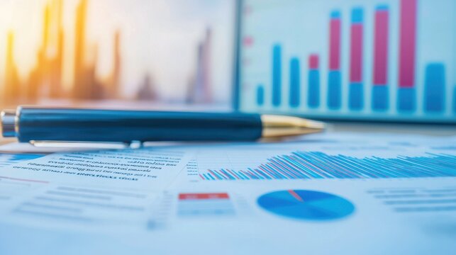 A close-up of financial reports and graphs on a desk, showcasing data analysis, trends, and a pen, symbolizing business analytics and decision-making.