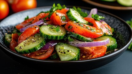 Medley of sliced cucumbers, tomatoes, and onions garnished with herbs on a black plate.