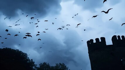 4K loop featuring haunted castle scene bats flying ghosts drifting out darkened creating eerie Halloween atmosphere perfect ed projects