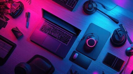 Neon-lit Gamer's Workspace: A vibrant top-down view of a gamer's setup, showcasing a laptop, headphones, and other gaming peripherals bathed in pink and blue neon light.