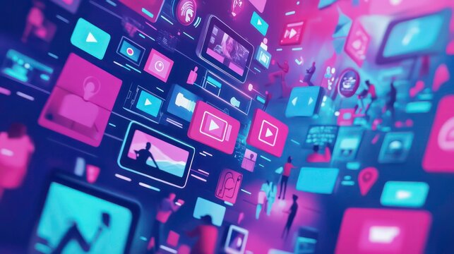 Digital contents concept. Social networking service. Streaming video. NFT. Non-fungible token. Wide angle visual for banners or advertisements