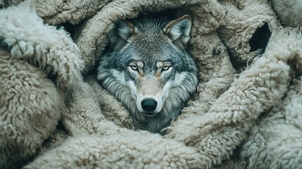 Wolf in Sheep's Clothing: Photographic Portrait, AI generated illustration.