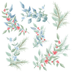 Christmas, winter motifs. Red berries, mistletoe. Sprig of mistletoe. Pine twig. Cones, forest motifs. Home textiles, tablecloth. Christmas. Christmas pattern. Clip art. New year. Winter.