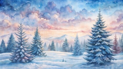 Naklejka premium Winter landscape painting, peaceful mood, depicting snowy trees and distant mountains at sunset, soft colors, copy space