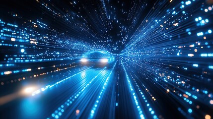 Fototapeta premium Car Speeding Through Digital Tunnel