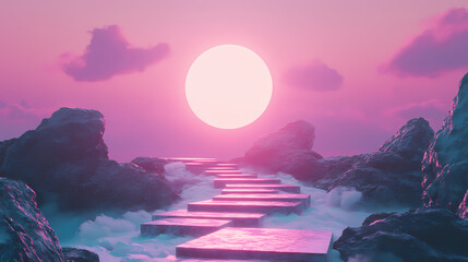 A serene futuristic landscape emphasizing personal growth and resilience through a glowing path of challenges and support. Mysticism. Illustration