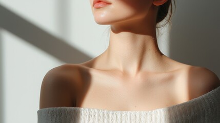 Captivating portrait of a woman with graceful neckline indoor studio fashion photography minimalist setting soft natural light beauty concept