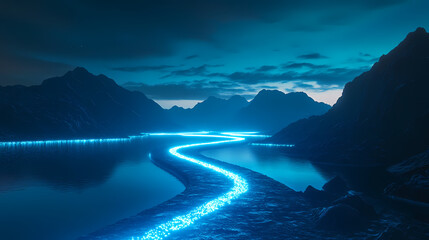 A serene futuristic landscape emphasizing personal growth and resilience through a glowing path of challenges and support. Mysticism. Illustration