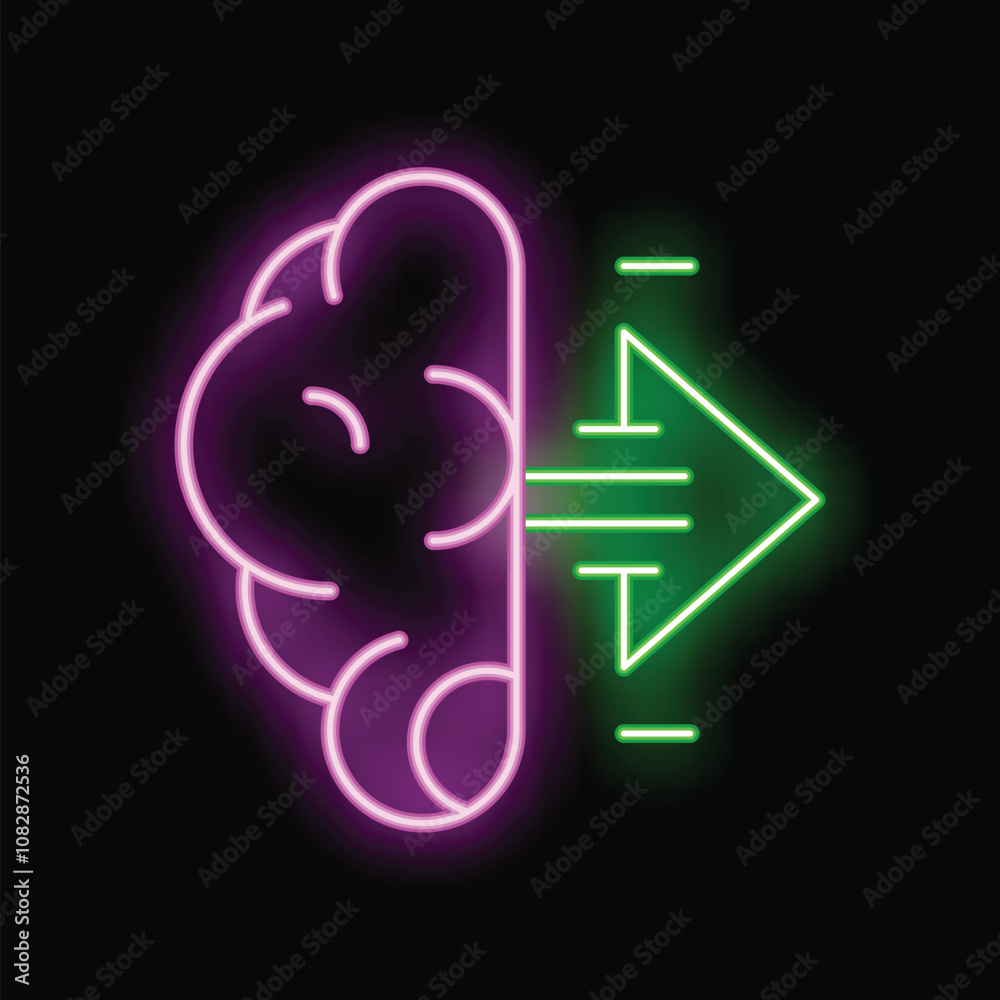 Poster neon style icon of a brain uploading data with a green arrow on a black background