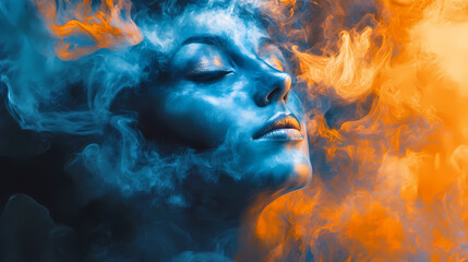 Fototapeta premium A surreal portrait blending vibrant blue and orange smoke with a serene face, evoking a sense of mysticism and tranquility. Mysticism. Illustration
