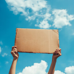 Hands holding blank cardboard sign in the air at protest or demonstration