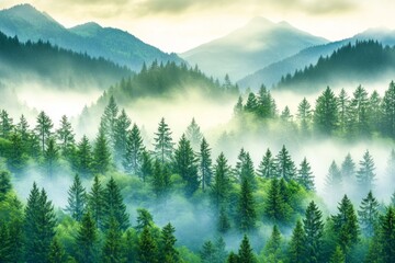 Fototapeta premium Serene forest landscape with misty morning atmosphere and sunlight shining through lush green trees