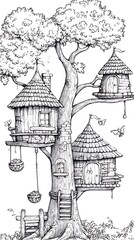 Naklejka premium Enchanting fairy treehouses illustration for kids coloring photos