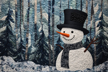 A charming quilted snowman with a black top hat and scarf smiling in a snowy forest scene featuring textured fabric and winter details

