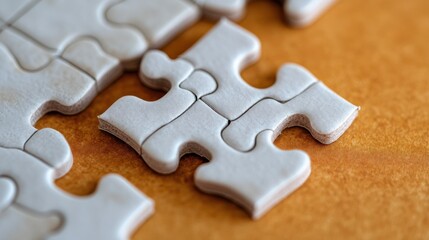 Scattered white puzzle pieces lay across a rich wooden surface, symbolizing complexity and the quest for solutions.