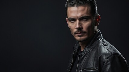 Fototapeta premium Portrait of a Man in a Leather Jacked on a Dark Background