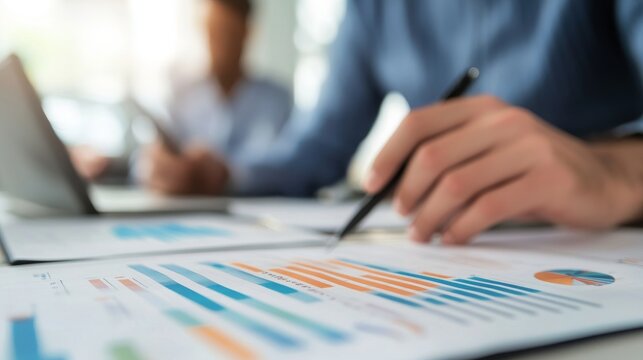 Professional teamwork analyzing financial reports and statistics, showcasing graphs and charts on a desk while collaborating in a bright modern office environment
