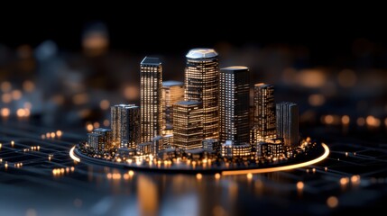 A miniature city model, aglow with lights, spins gracefully, symbolizing urban connectivity and modernity against a blurred network background.